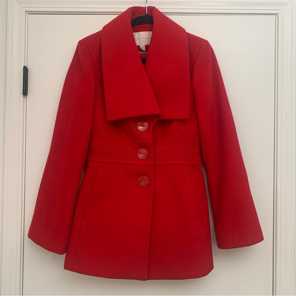Jessica Simpson Feminine Tailored Red Y2K Peacoat | Lg Collar & Topstitching